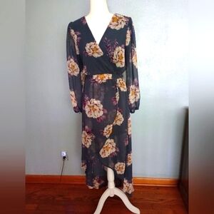 Lily Rose Floral V-Neck Long Sheer Sleeve Hi-Low Midi Dress